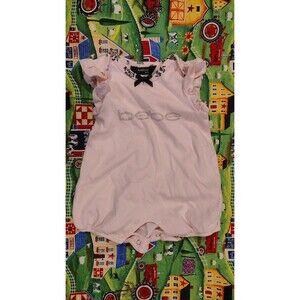 bebe baby Romper Outfit 3-6M Pink Bodysuit Gemstone Logo Ruffle arms Black Bow